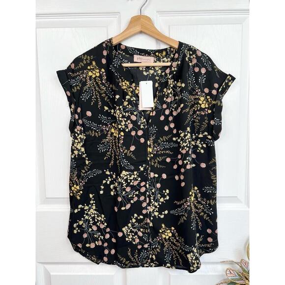 Philosophy Womens Black Floral V-Neck Cuffed Short Sleeve Blouse Bohemian Size S - Picture 10 of 11